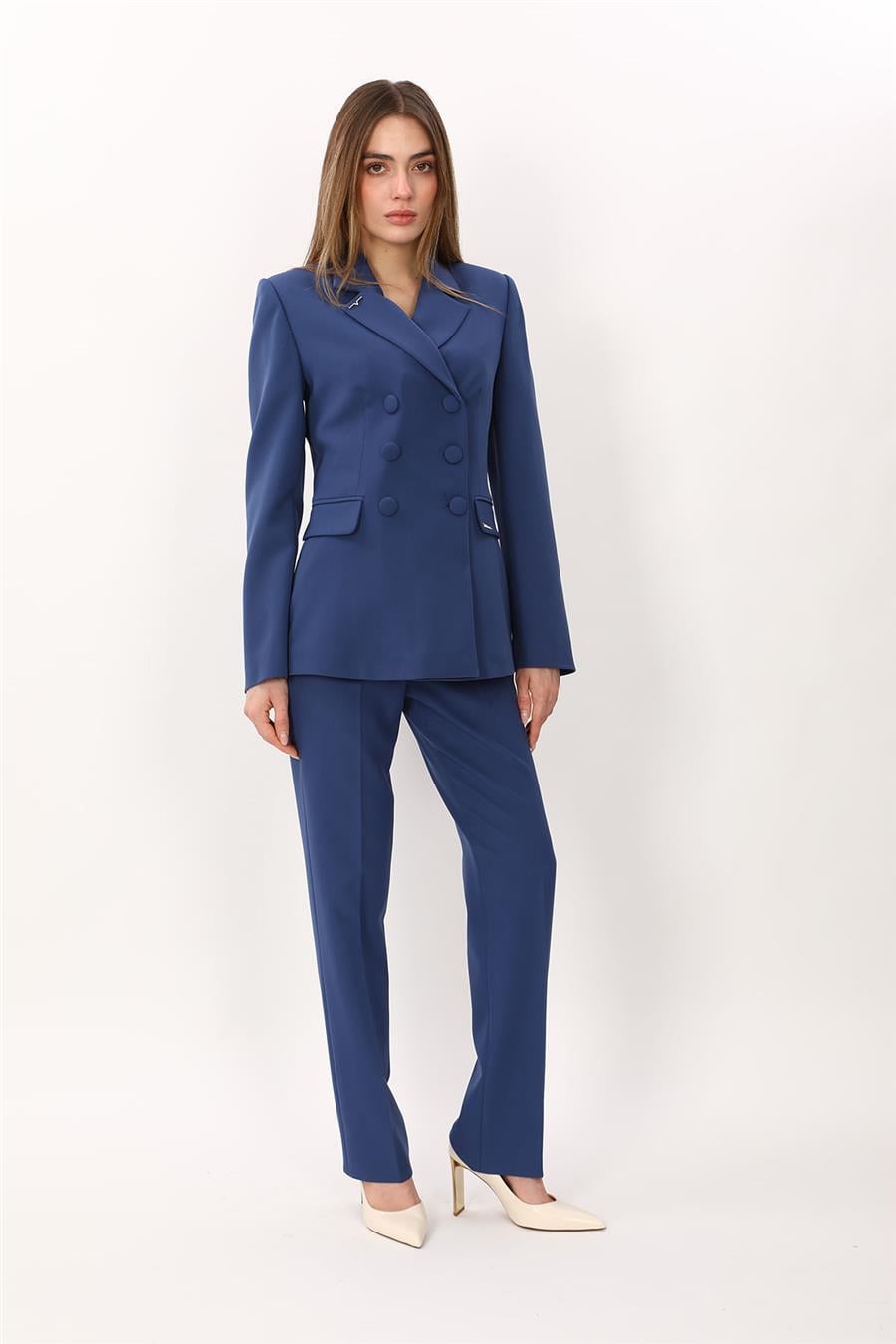 Düğmeli Klasik Blazer Ceket & Cepli Boru Paça Pantolon Kadın Takım Elbise-İndigo - 1181505