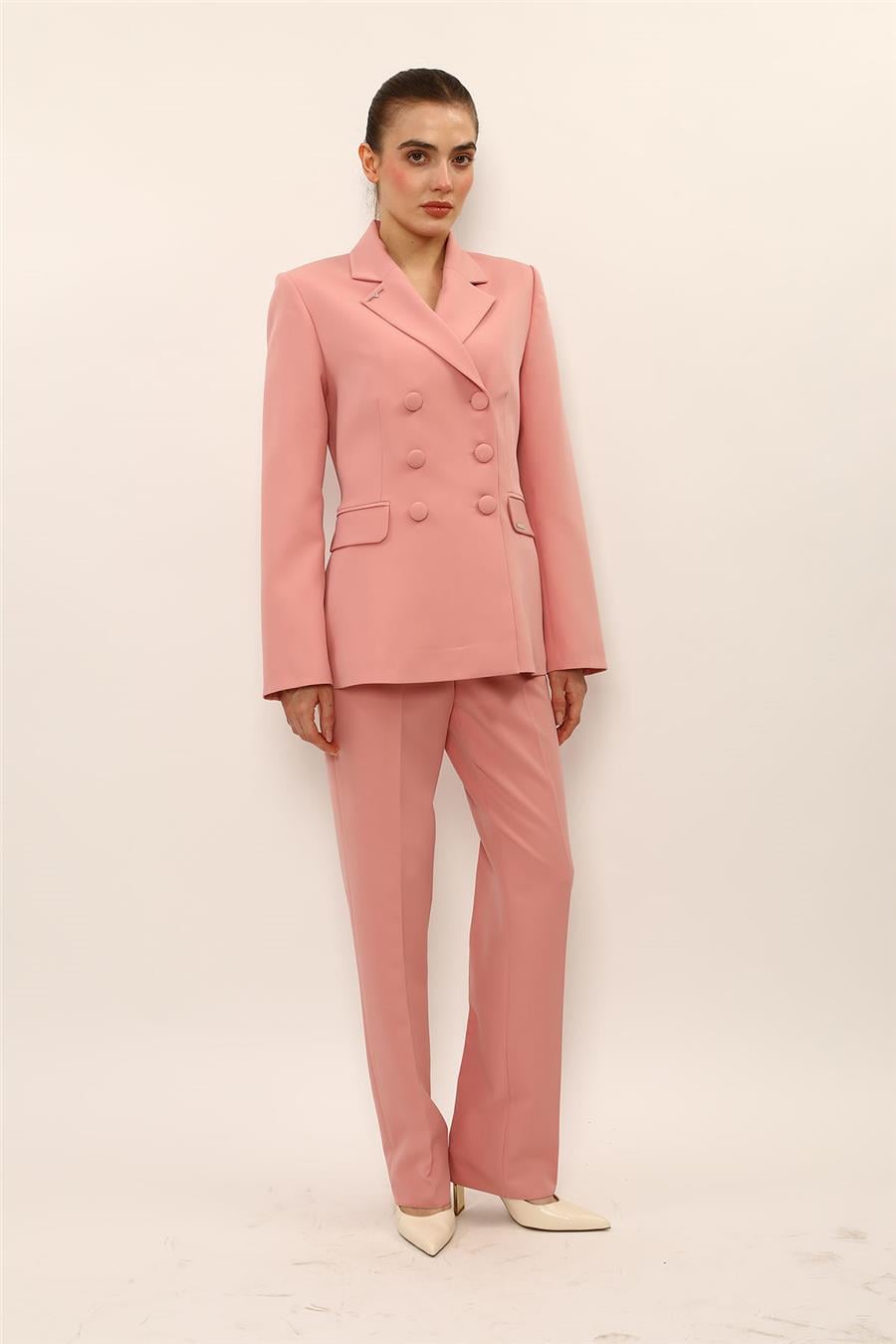 Düğmeli Klasik Blazer Ceket & Cepli Boru Paça Pantolon Kadın Takım Elbise-Pudra - 1181505