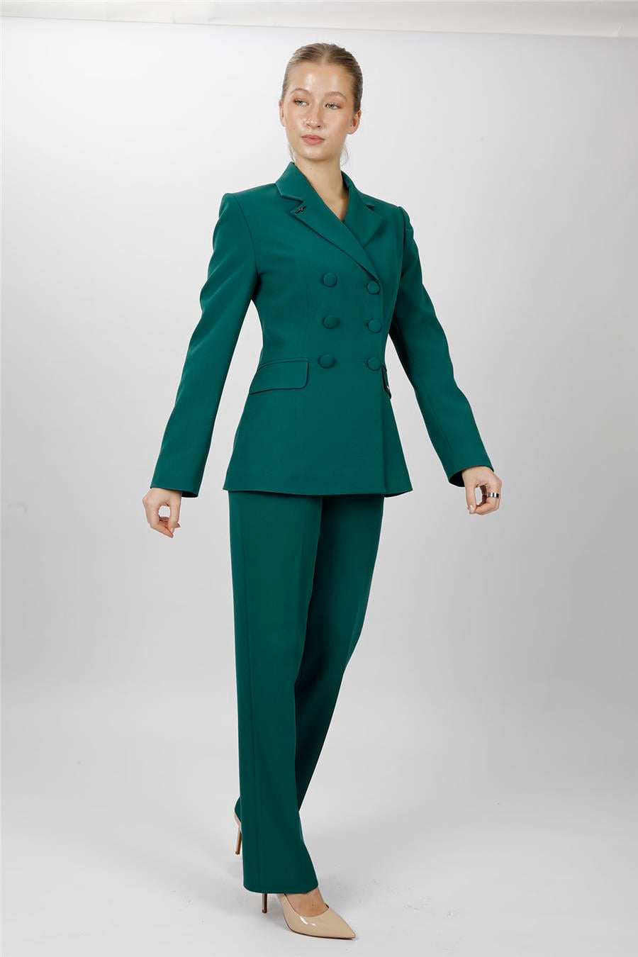 Düğmeli Klasik Blazer Ceket & Cepli Boru Paça Pantolon Kadın Takım Elbise-Zümrüt - 1181505