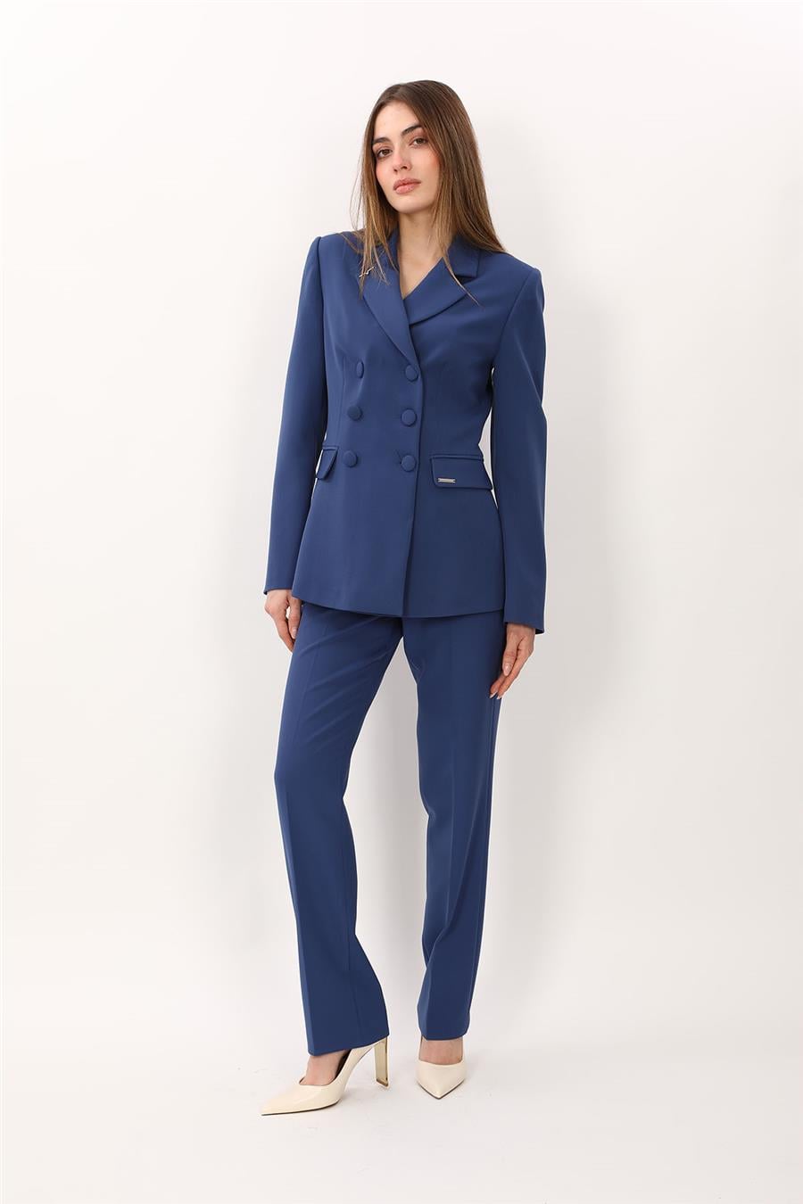 Düğmeli Klasik Blazer Ceket & Cepli Boru Paça Pantolon Kadın Takım Elbise-İndigo - 1181505