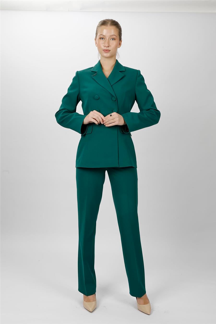Düğmeli Klasik Blazer Ceket & Cepli Boru Paça Pantolon Kadın Takım Elbise-Zümrüt - 1181505