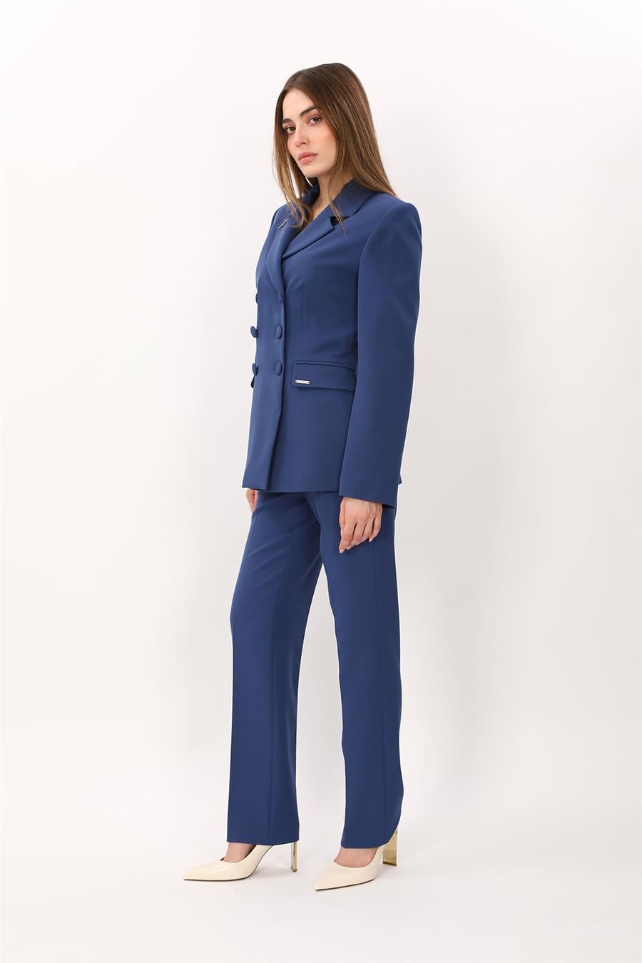 Düğmeli Klasik Blazer Ceket & Cepli Boru Paça Pantolon Kadın Takım Elbise-İndigo - 1181505