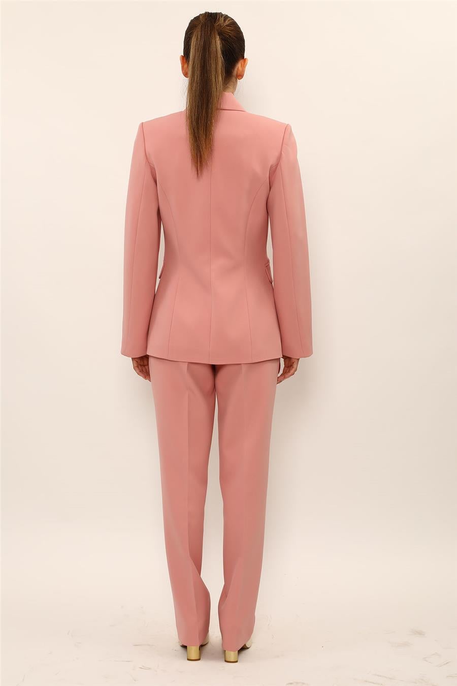 Düğmeli Klasik Blazer Ceket & Cepli Boru Paça Pantolon Kadın Takım Elbise-Pudra - 1181505