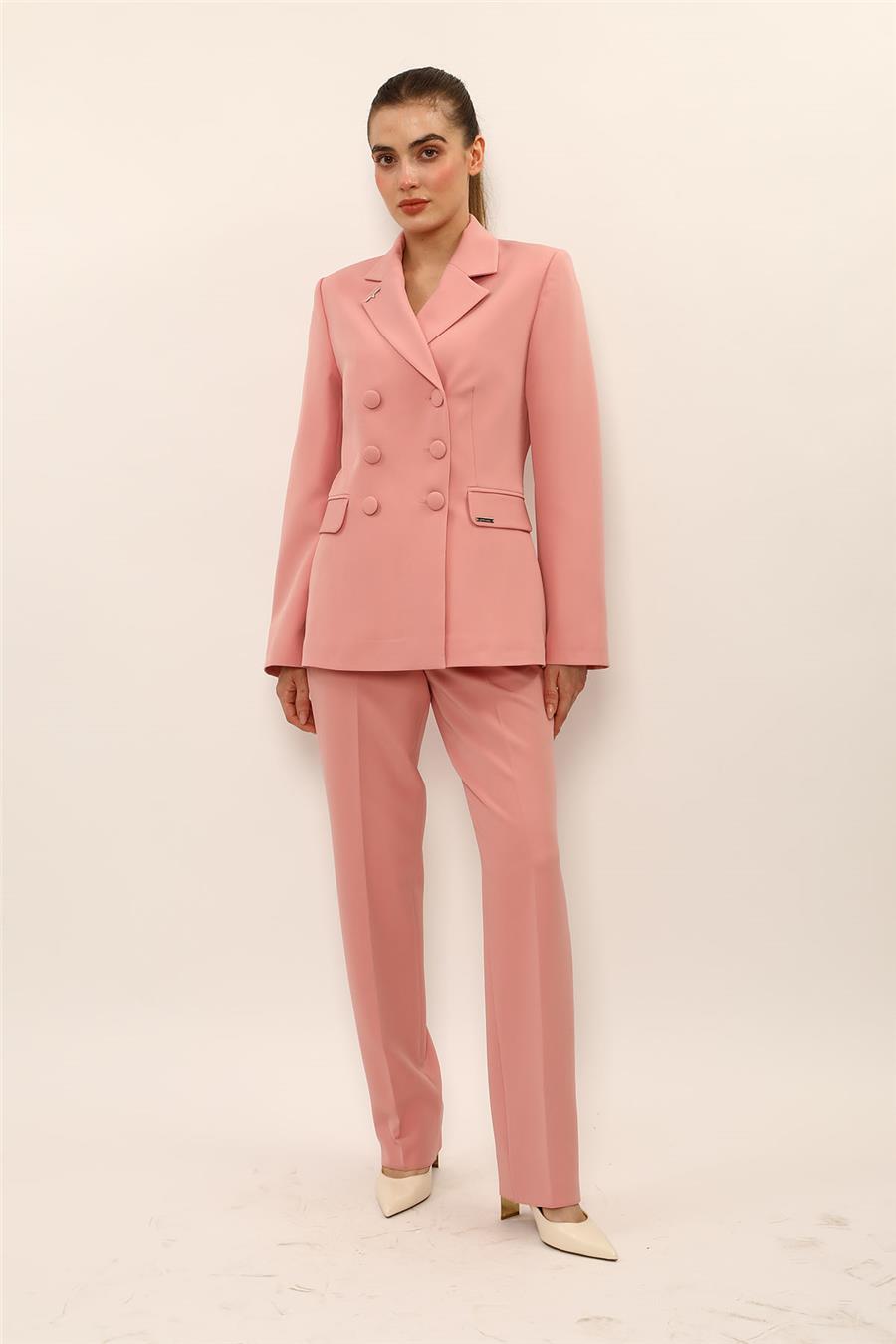 Düğmeli Klasik Blazer Ceket & Cepli Boru Paça Pantolon Kadın Takım Elbise-Pudra - 1181505