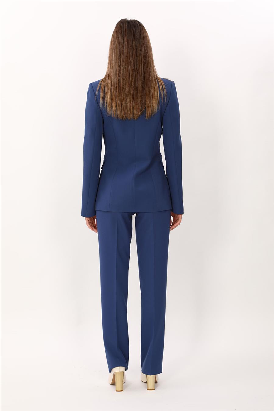 Düğmeli Klasik Blazer Ceket & Cepli Boru Paça Pantolon Kadın Takım Elbise-İndigo - 1181505