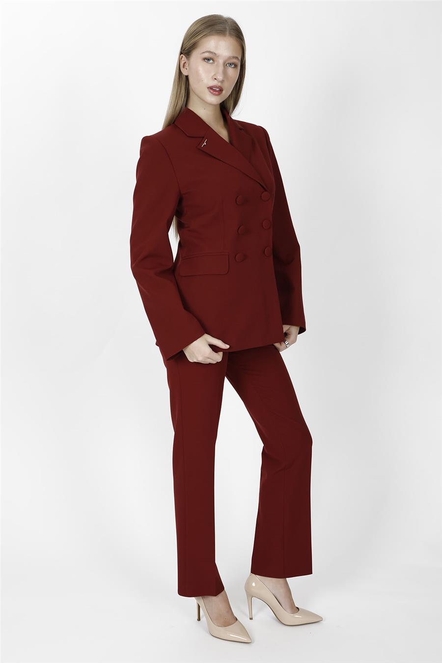 Düğmeli Klasik Blazer Ceket & Cepli Boru Paça Pantolon Kadın Takım Elbise-Bordo - 1181505