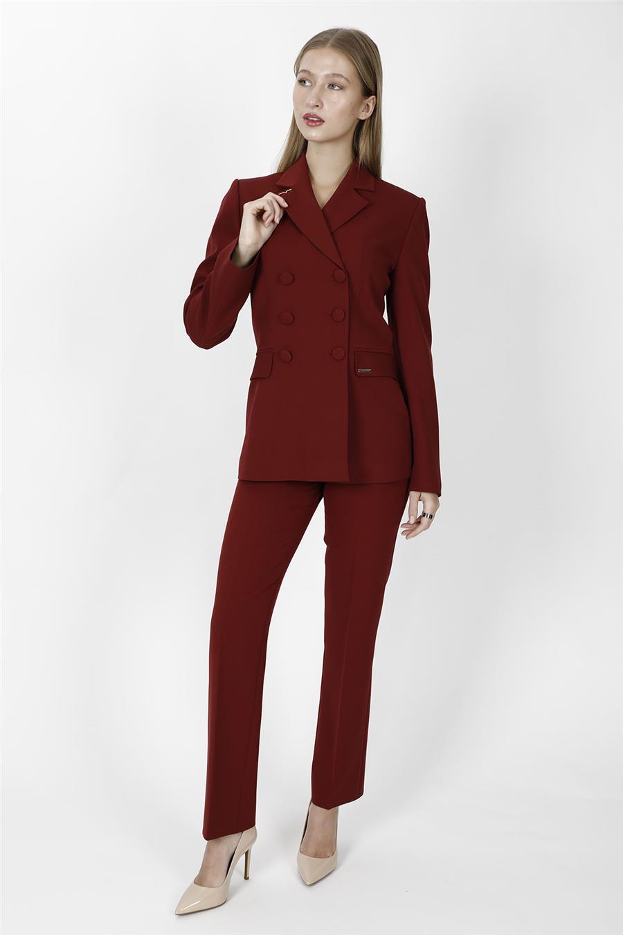 Düğmeli Klasik Blazer Ceket & Cepli Boru Paça Pantolon Kadın Takım Elbise-Bordo - 1181505