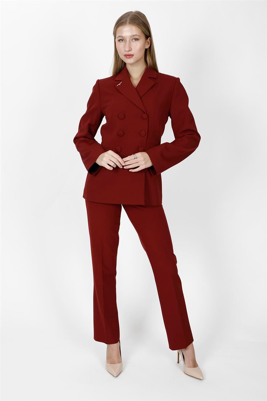 Düğmeli Klasik Blazer Ceket & Cepli Boru Paça Pantolon Kadın Takım Elbise-Bordo - 1181505
