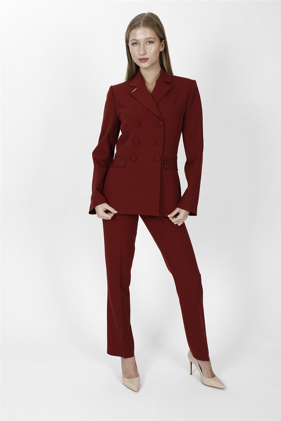 Düğmeli Klasik Blazer Ceket & Cepli Boru Paça Pantolon Kadın Takım Elbise-Bordo - 1181505