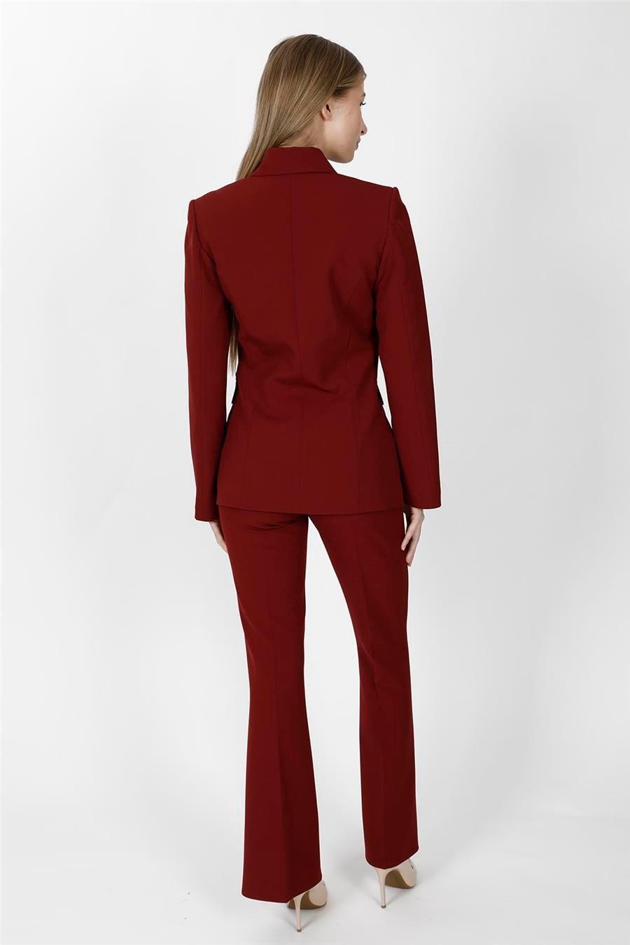 Düğmeli Klasik Blazer Ceket & Cepli İspanyol Paça Pantolon Kadın Takım Elbise-Bordo - 1181506