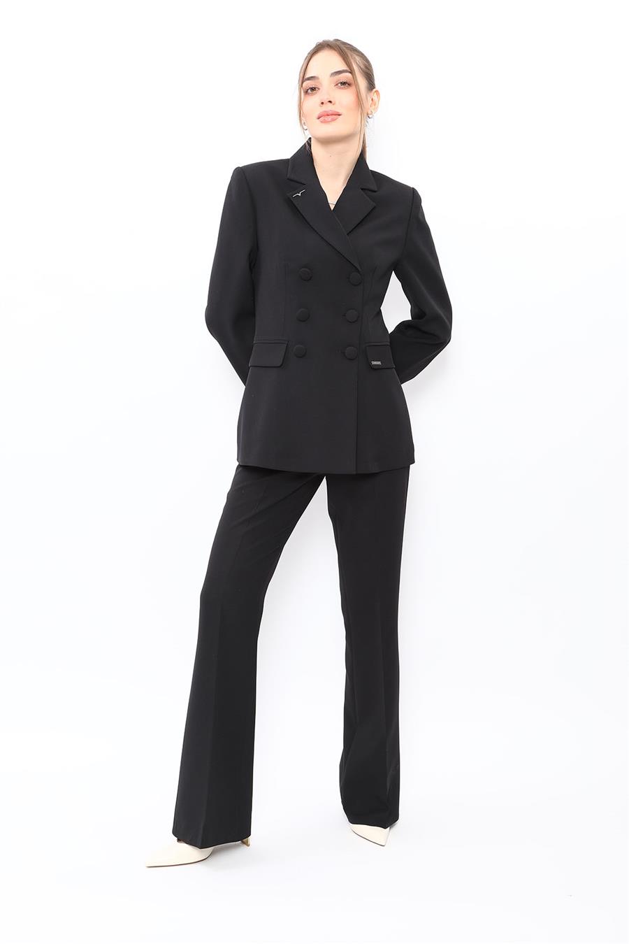 Düğmeli Klasik Blazer Ceket & Cepli İspanyol Paça Pantolon Kadın Takım Elbise-Siyah - 1181506