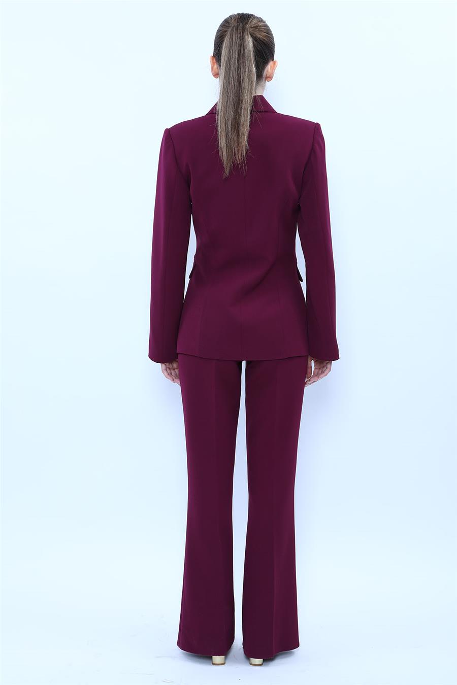Düğmeli Klasik Blazer Ceket & Cepli İspanyol Paça Pantolon Kadın Takım Elbise-Mürdüm - 1181506