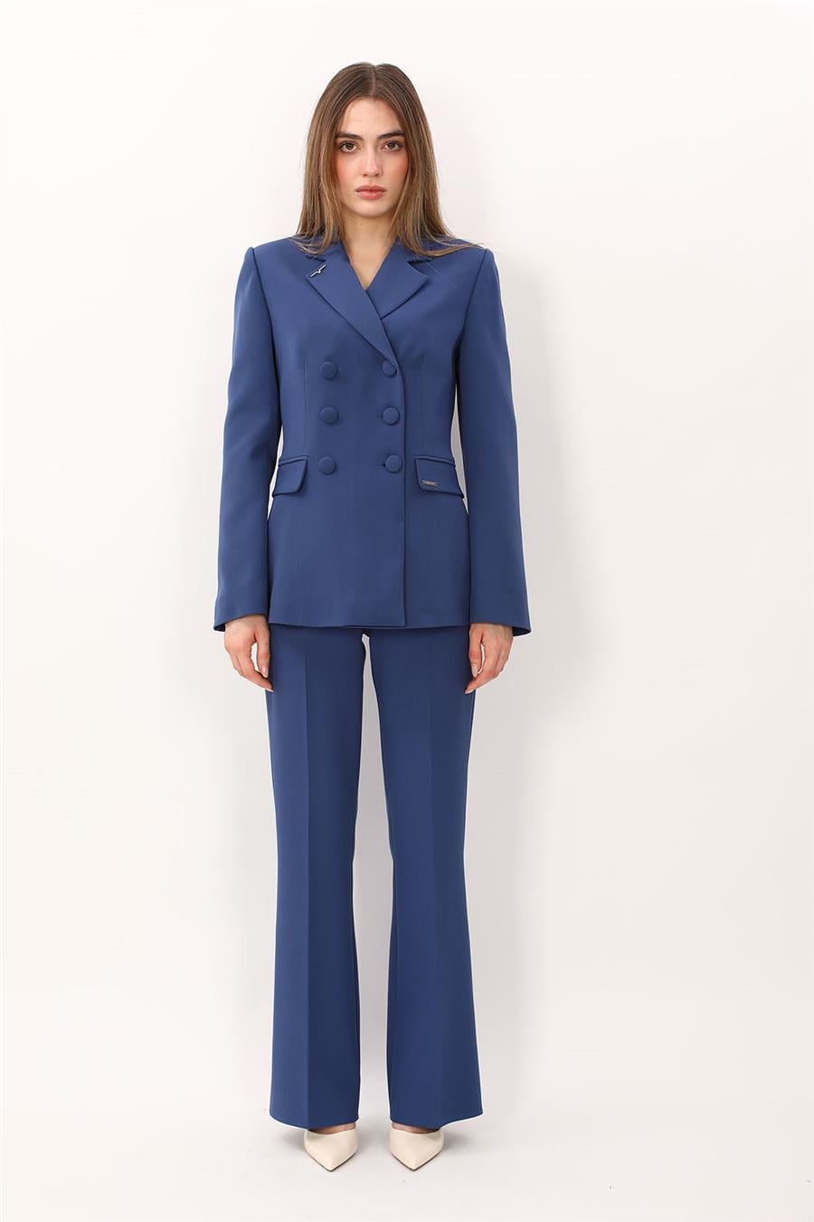 Düğmeli Klasik Blazer Ceket & Cepli İspanyol Paça Pantolon Kadın Takım Elbise-İndigo - 1181506