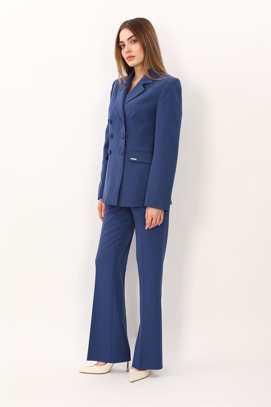 Düğmeli Klasik Blazer Ceket & Cepli İspanyol Paça Pantolon Kadın Takım Elbise-İndigo - 1181506