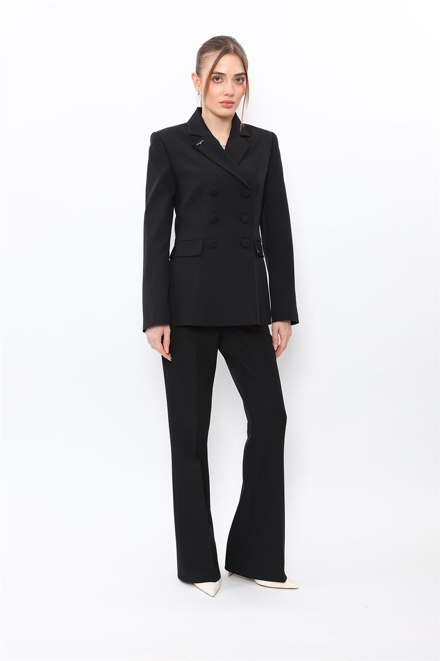 Düğmeli Klasik Blazer Ceket & Cepli İspanyol Paça Pantolon Kadın Takım Elbise-Siyah - 1181506