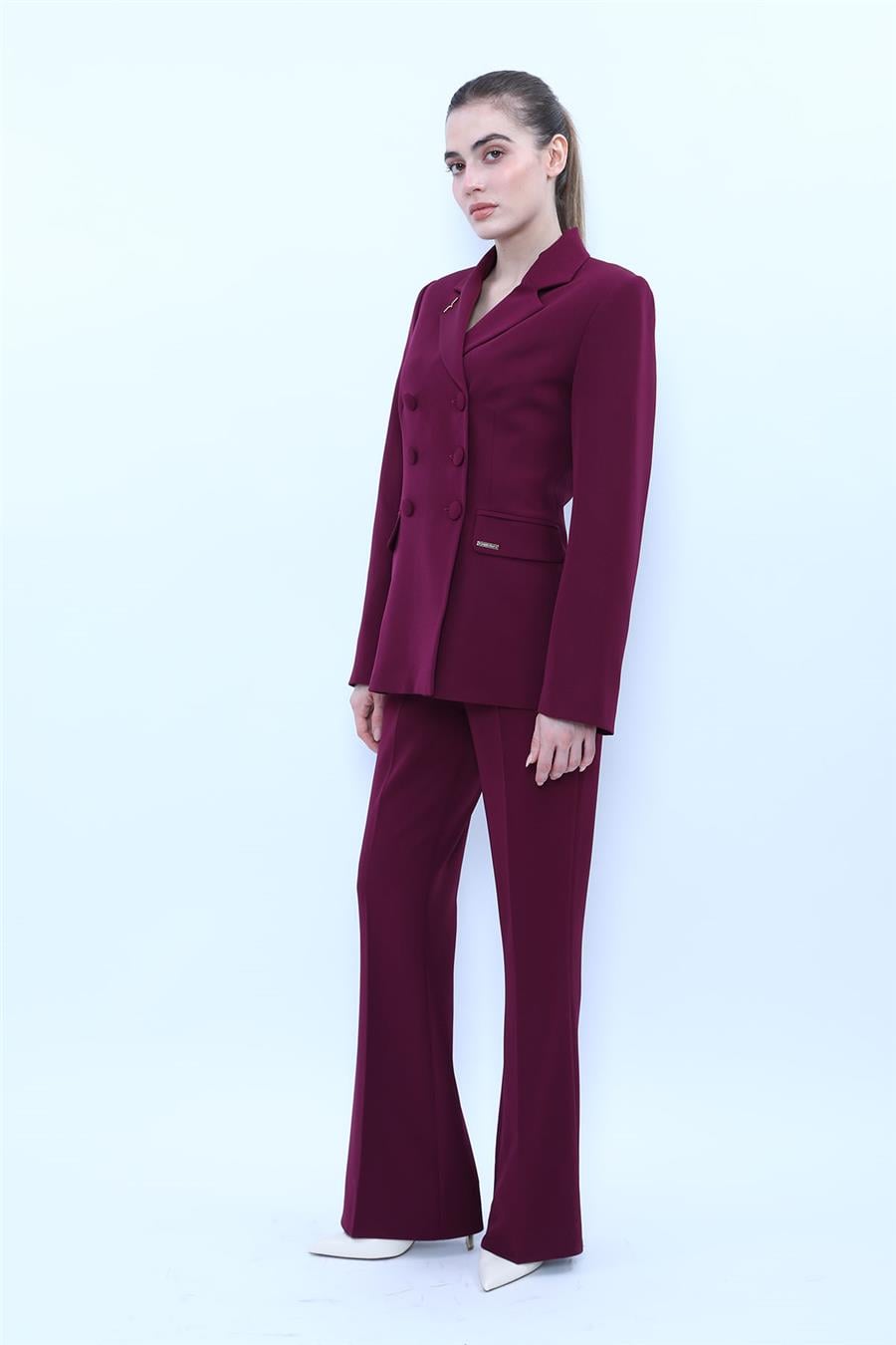Düğmeli Klasik Blazer Ceket & Cepli İspanyol Paça Pantolon Kadın Takım Elbise-Mürdüm - 1181506