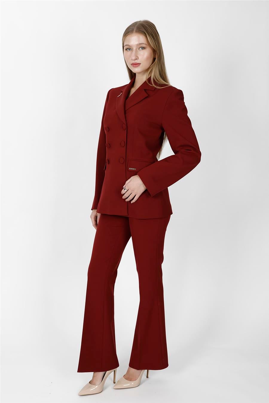 Düğmeli Klasik Blazer Ceket & Cepli İspanyol Paça Pantolon Kadın Takım Elbise-Bordo - 1181506