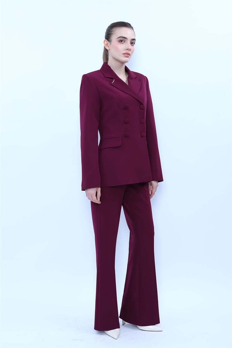 Düğmeli Klasik Blazer Ceket & Cepli İspanyol Paça Pantolon Kadın Takım Elbise-Mürdüm - 1181506