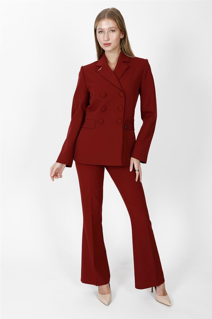 Düğmeli Klasik Blazer Ceket & Cepli İspanyol Paça Pantolon Kadın Takım Elbise-Bordo - 1181506