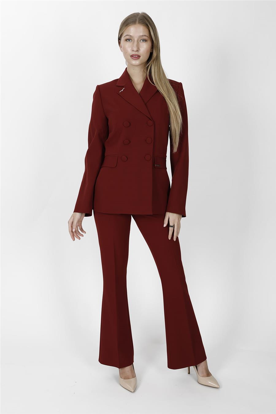 Düğmeli Klasik Blazer Ceket & Cepli İspanyol Paça Pantolon Kadın Takım Elbise-Bordo - 1181506