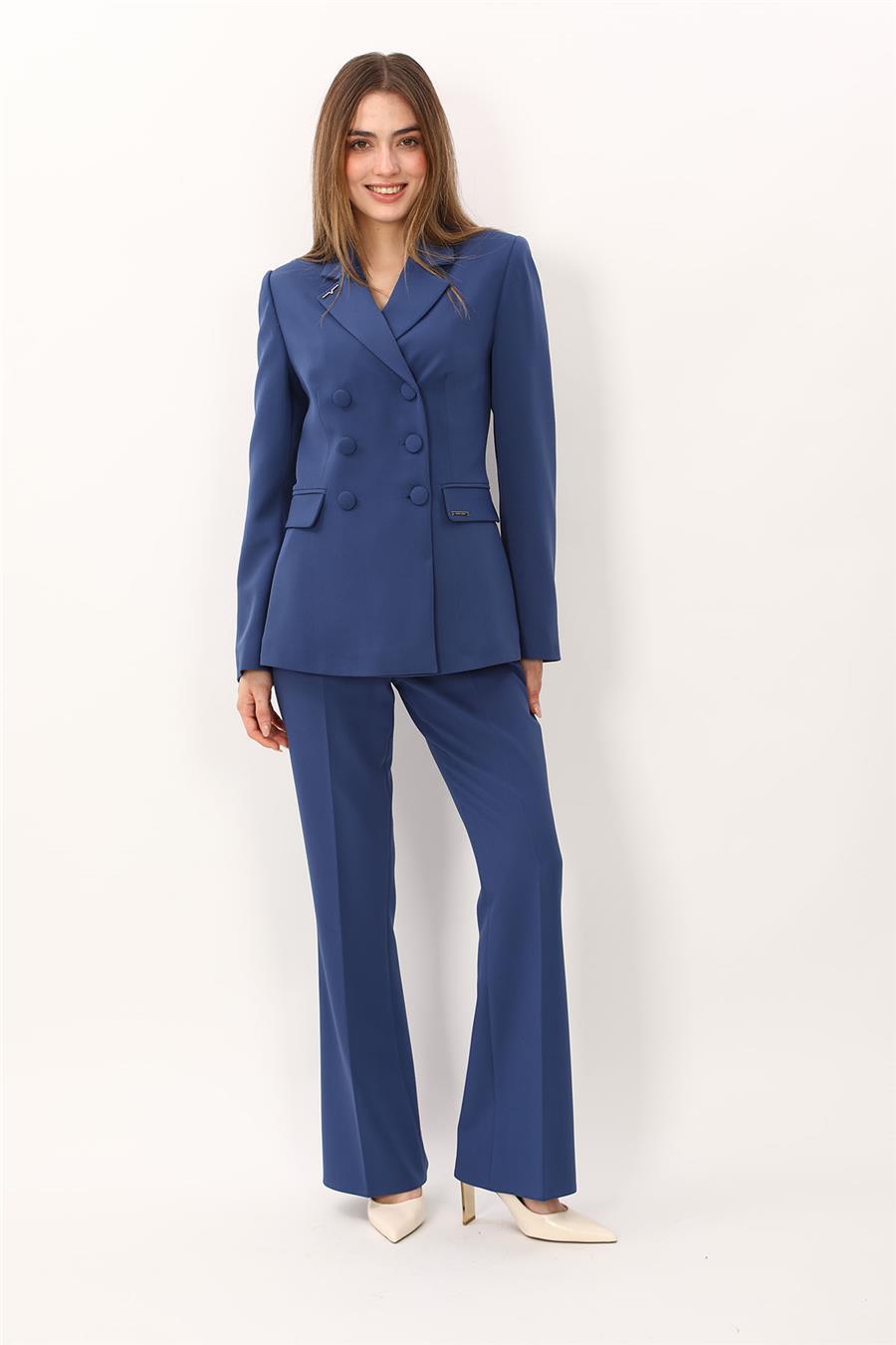 Düğmeli Klasik Blazer Ceket & Cepli İspanyol Paça Pantolon Kadın Takım Elbise-İndigo - 1181506