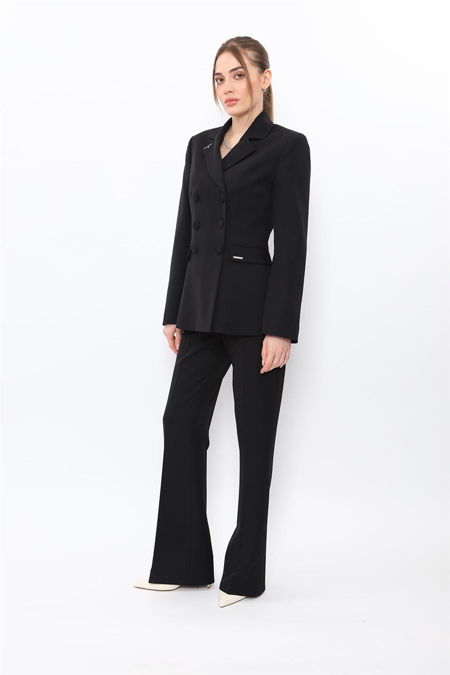 Düğmeli Klasik Blazer Ceket & Cepli İspanyol Paça Pantolon Kadın Takım Elbise-Siyah - 1181506