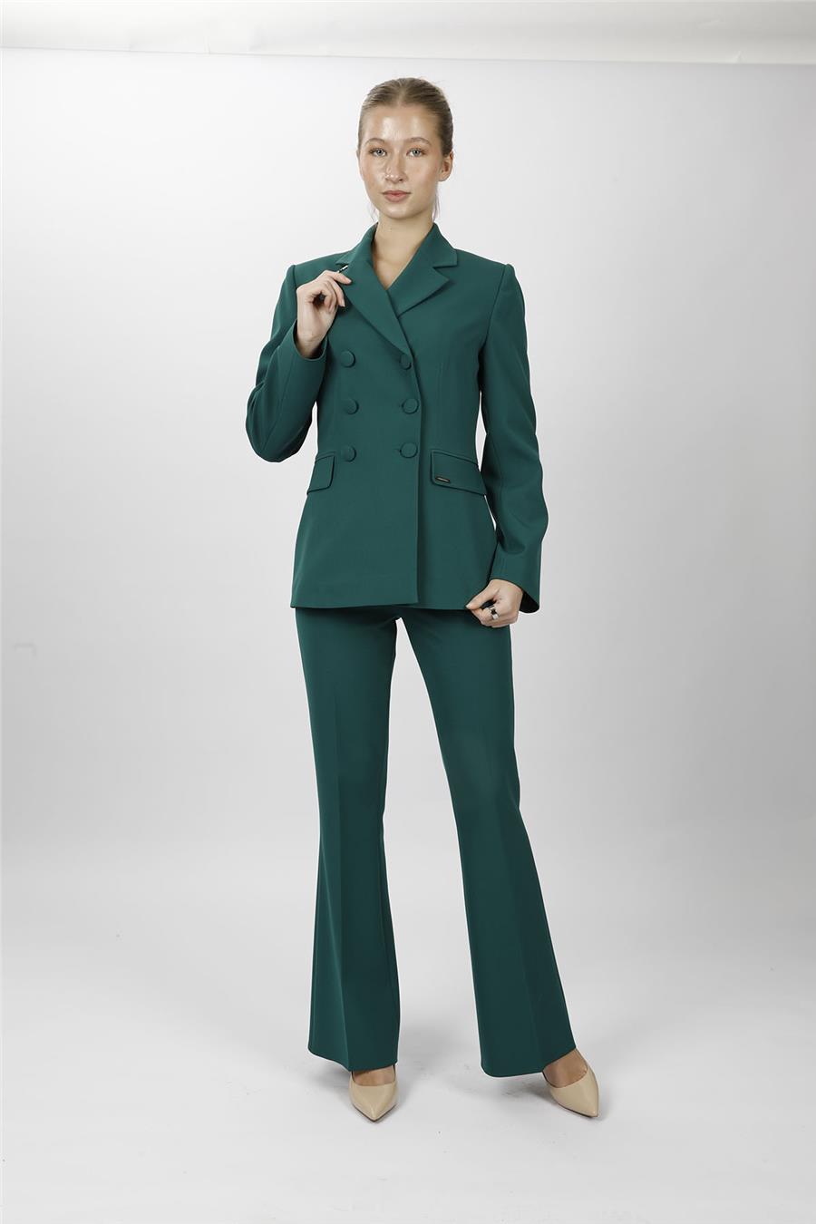 Düğmeli Klasik Blazer Ceket & Cepli İspanyol Paça Pantolon Kadın Takım Elbise-Zümrüt - 1181506