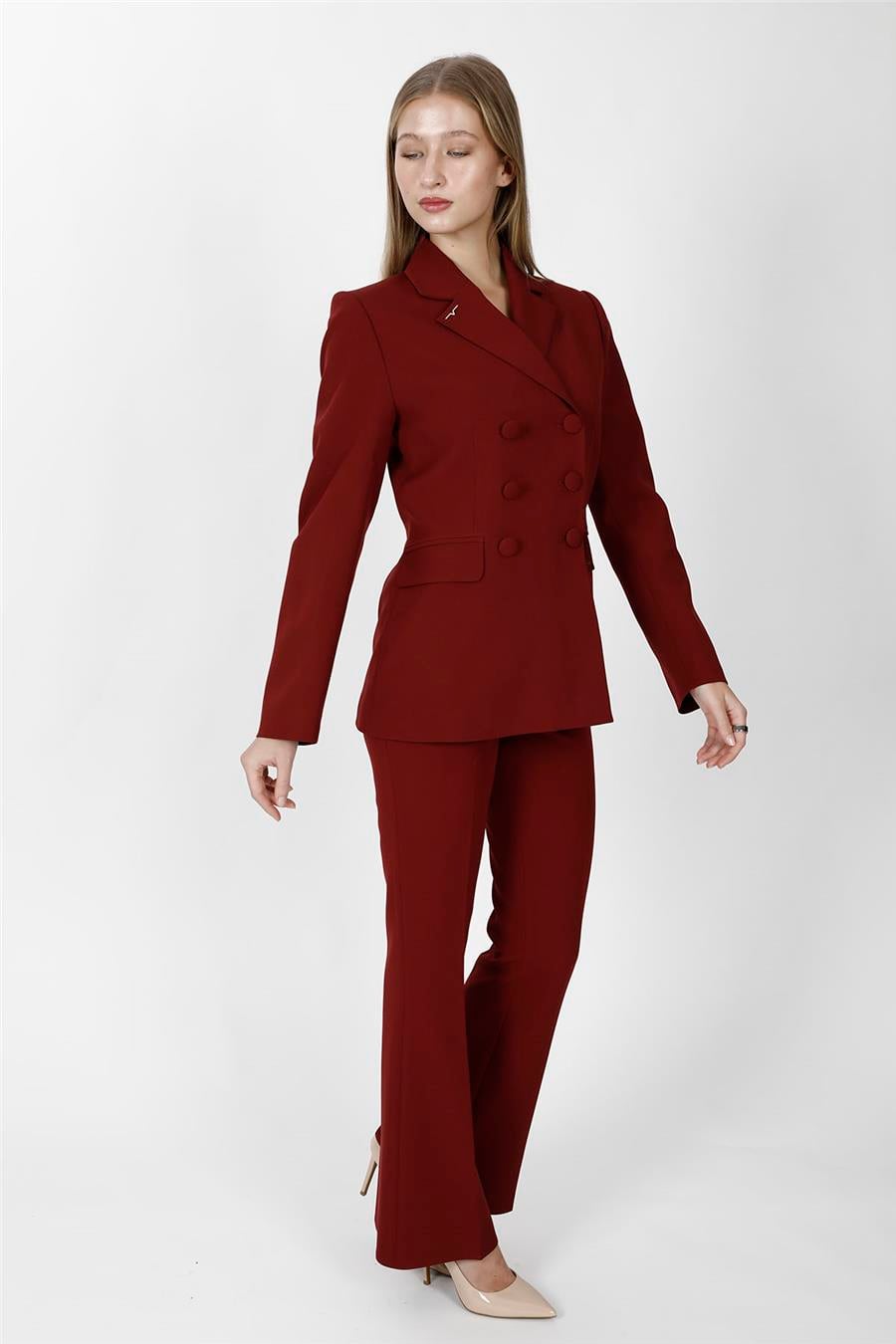 Düğmeli Klasik Blazer Ceket & Cepli İspanyol Paça Pantolon Kadın Takım Elbise-Bordo - 1181506