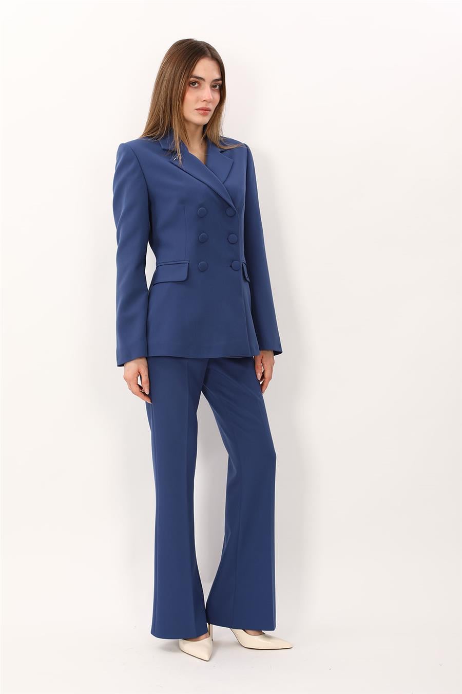 Düğmeli Klasik Blazer Ceket & Cepli İspanyol Paça Pantolon Kadın Takım Elbise-İndigo - 1181506