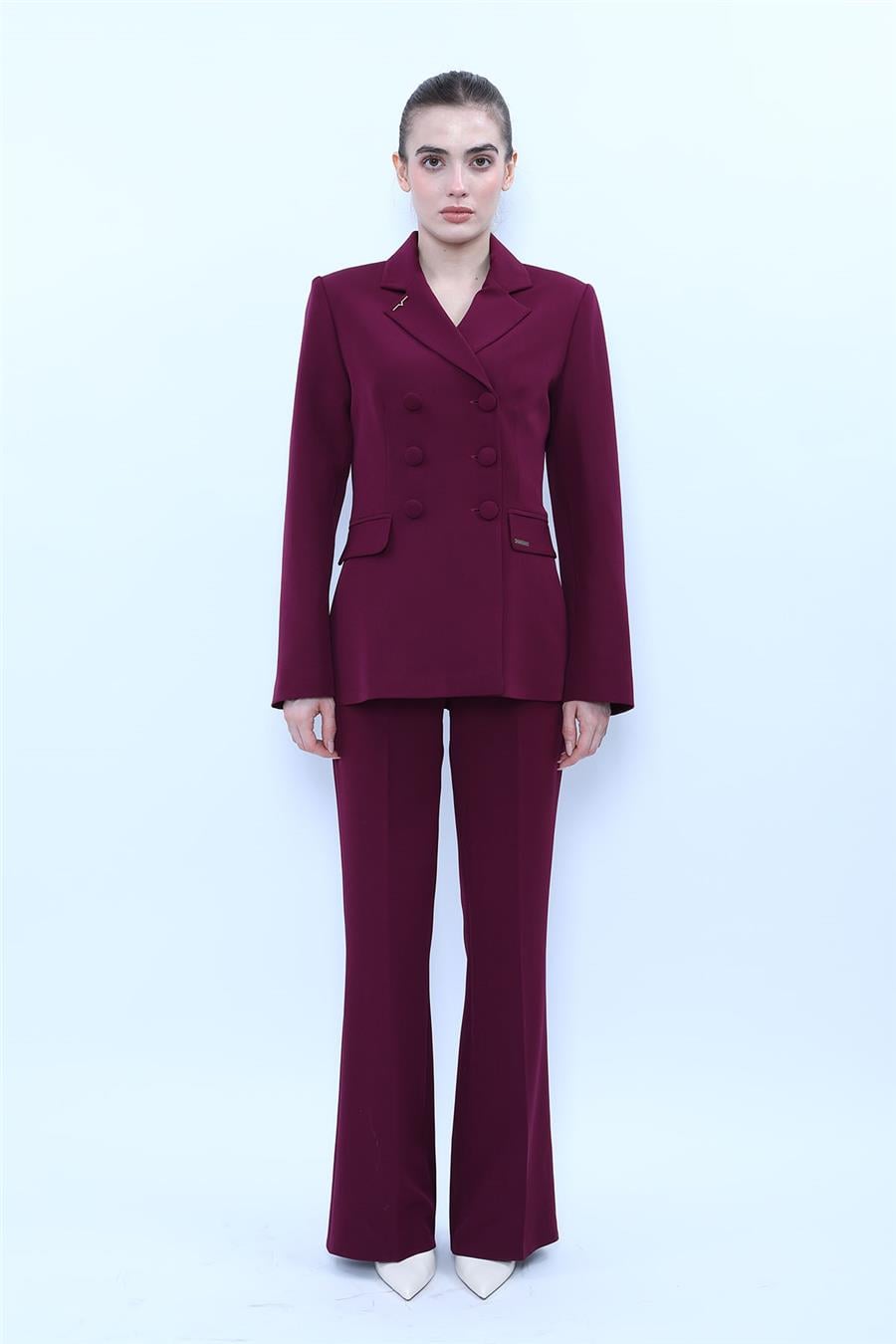 Düğmeli Klasik Blazer Ceket & Cepli İspanyol Paça Pantolon Kadın Takım Elbise-Mürdüm - 1181506