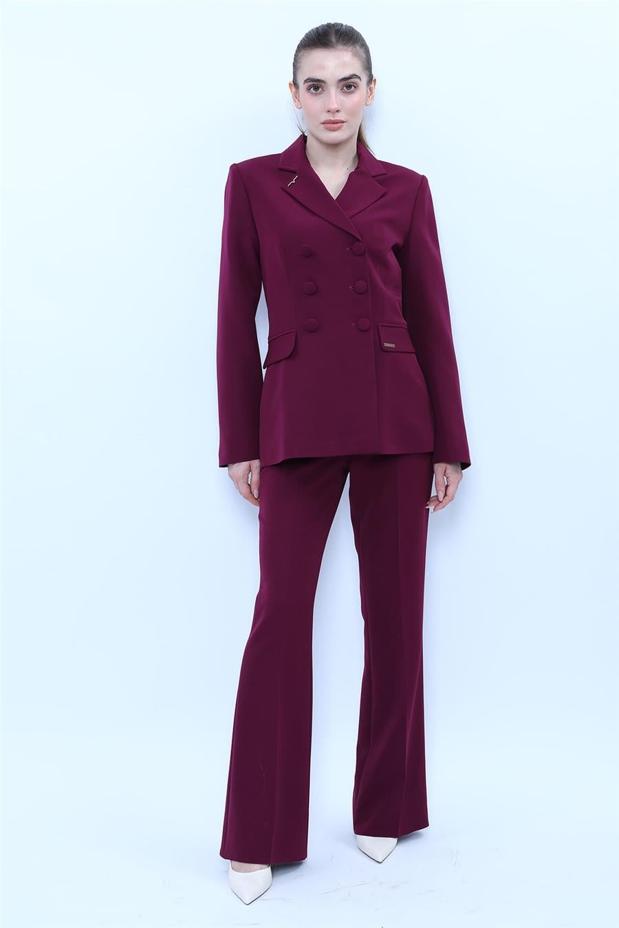 Düğmeli Klasik Blazer Ceket & Cepli İspanyol Paça Pantolon Kadın Takım Elbise-Mürdüm - 1181506