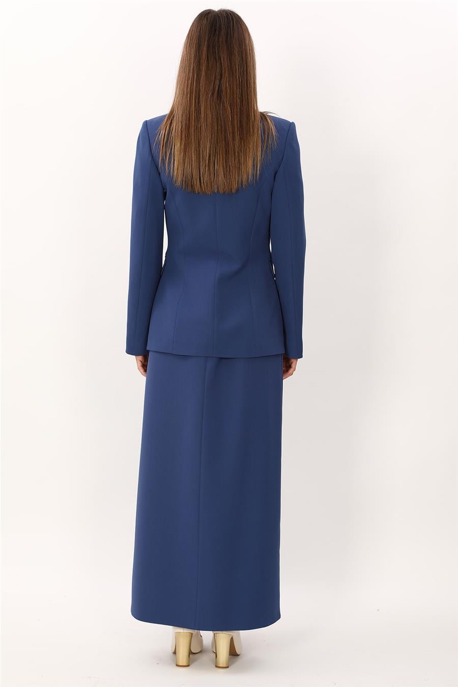 Düğmeli Klasik Blazer Ceket & Kare Cepli Uzun Çan Etek Kadın Takım Elbise-İndigo - 1181537