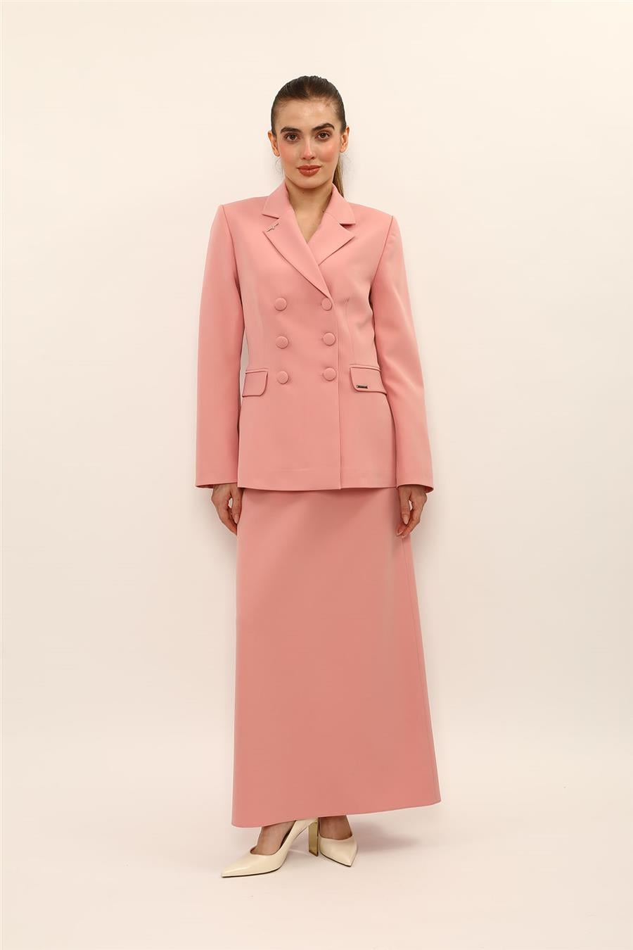 Düğmeli Klasik Blazer Ceket & Kare Cepli Uzun Çan Etek Kadın Takım Elbise-Pudra - 1181537