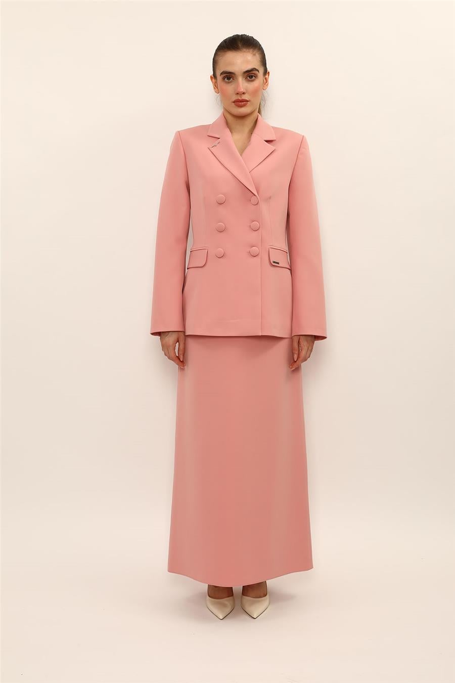 Düğmeli Klasik Blazer Ceket & Kare Cepli Uzun Çan Etek Kadın Takım Elbise-Pudra - 1181537