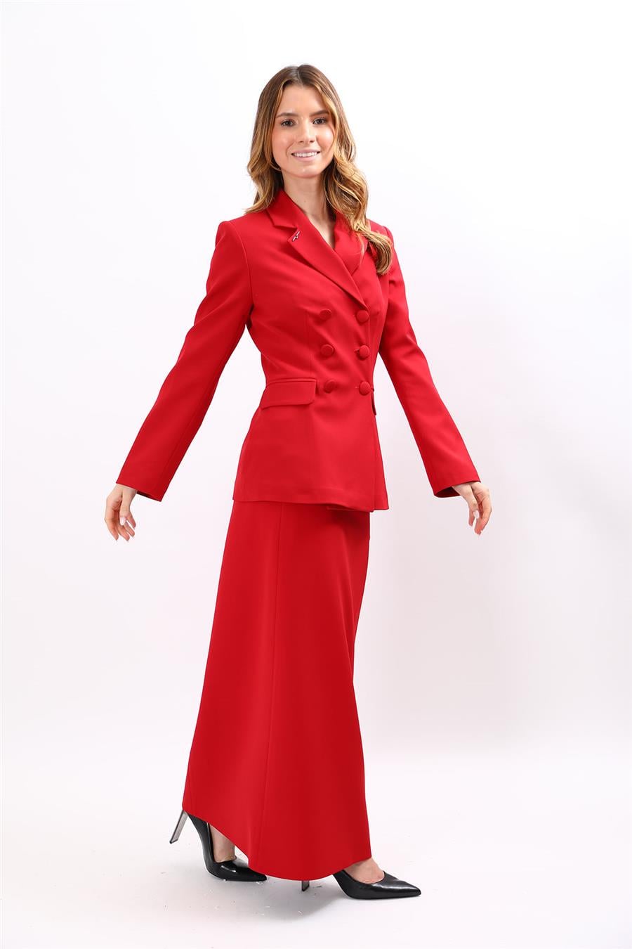 Düğmeli Klasik Blazer Ceket & Kare Cepli Uzun Çan Etek Kadın Takım Elbise-Kırmızı - 1181537