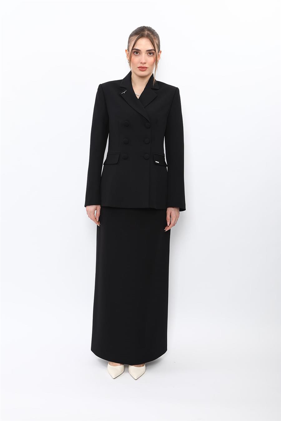 Düğmeli Klasik Blazer Ceket & Kare Cepli Uzun Çan Etek Kadın Takım Elbise-Siyah - 1181537