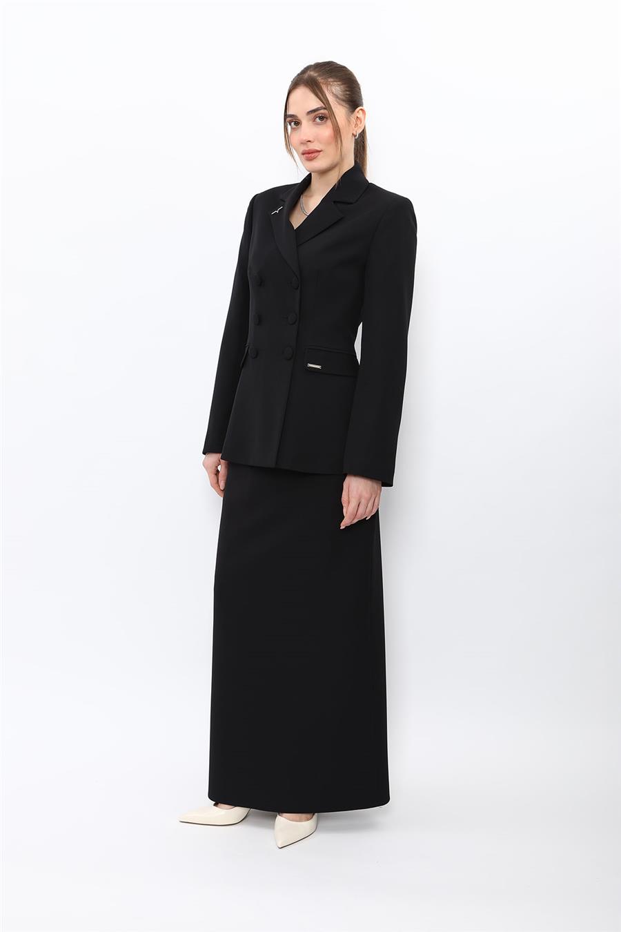 Düğmeli Klasik Blazer Ceket & Kare Cepli Uzun Çan Etek Kadın Takım Elbise-Siyah - 1181537