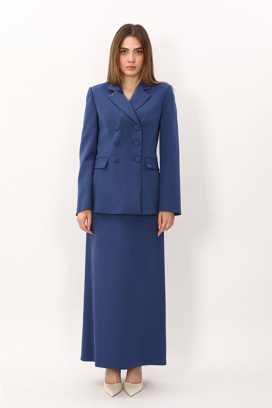 Düğmeli Klasik Blazer Ceket & Kare Cepli Uzun Çan Etek Kadın Takım Elbise-İndigo - 1181537