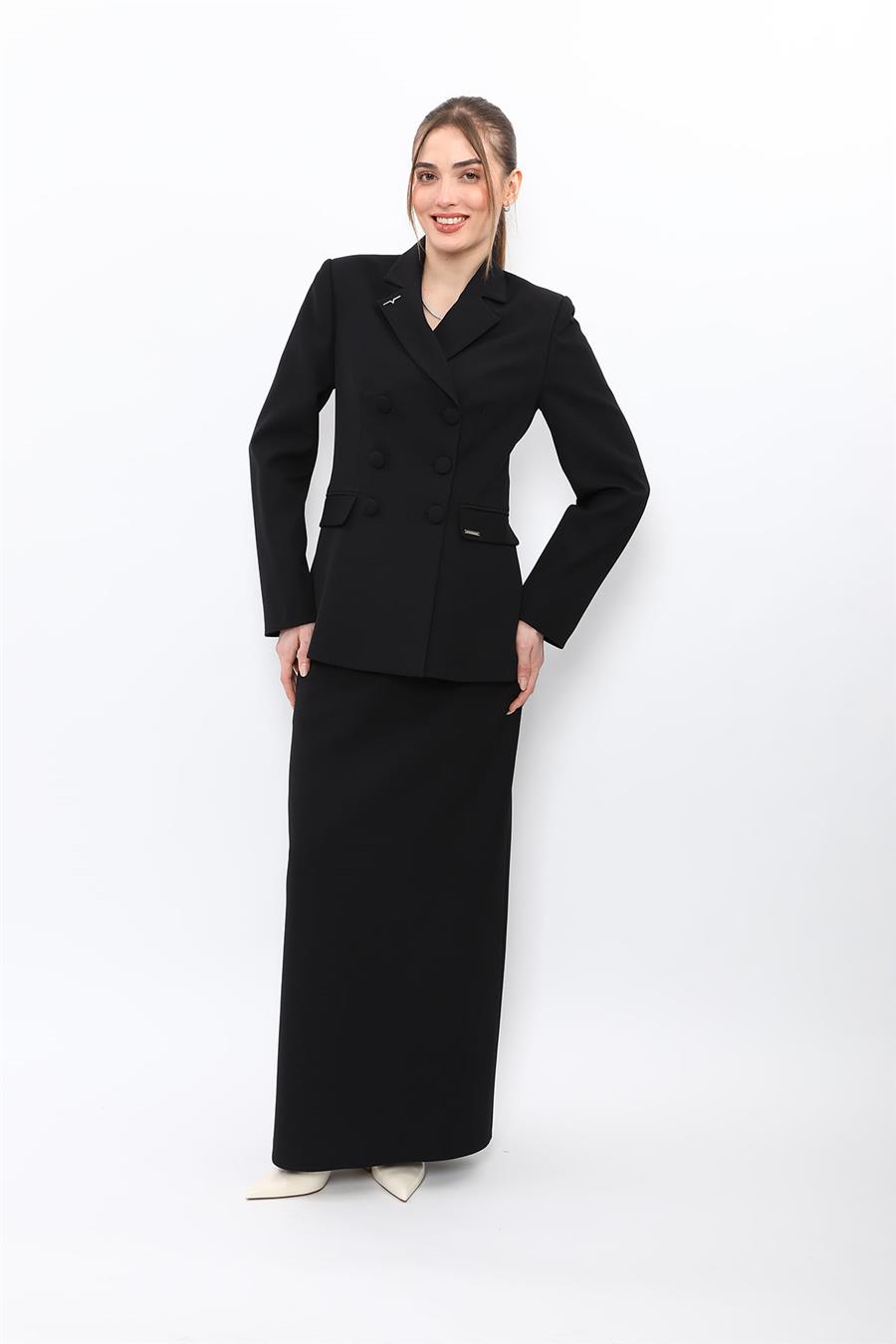Düğmeli Klasik Blazer Ceket & Kare Cepli Uzun Çan Etek Kadın Takım Elbise-Siyah - 1181537