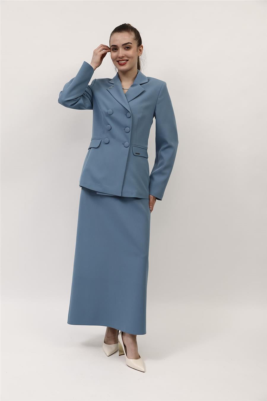 Düğmeli Klasik Blazer Ceket & Kare Cepli Uzun Çan Etek Kadın Takım Elbise-Deniz - 1181537