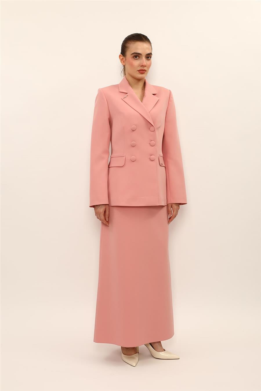 Düğmeli Klasik Blazer Ceket & Kare Cepli Uzun Çan Etek Kadın Takım Elbise-Pudra - 1181537