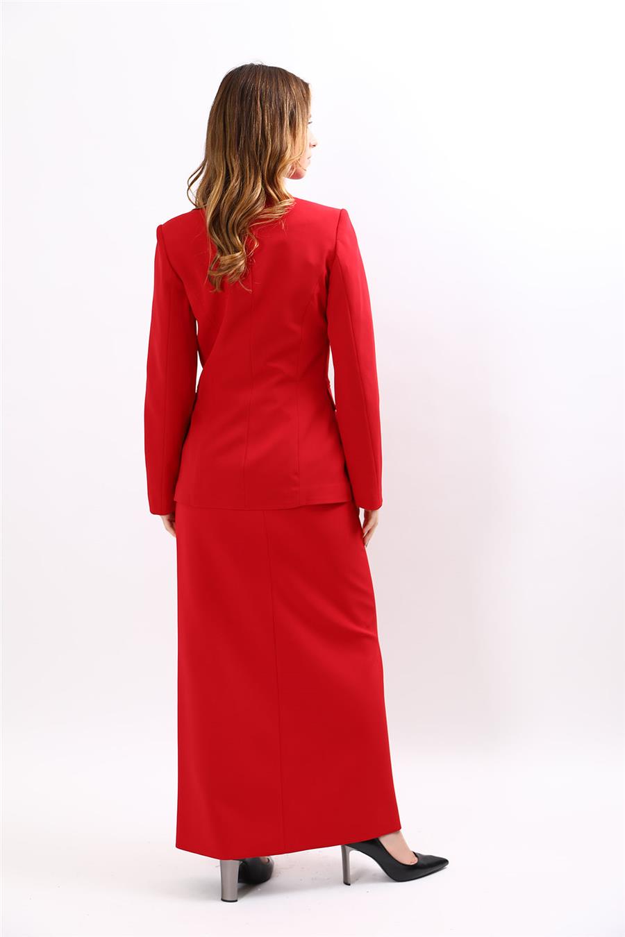 Düğmeli Klasik Blazer Ceket & Kare Cepli Uzun Çan Etek Kadın Takım Elbise-Kırmızı - 1181537