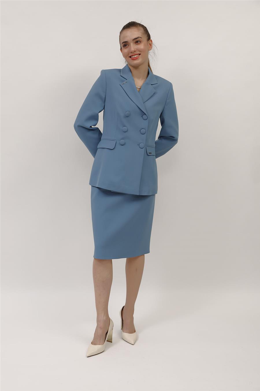 Düğmeli Klasik Blazer Ceket & Kısa Kalem Etek Kadın Takım Elbise-Deniz - 1181540