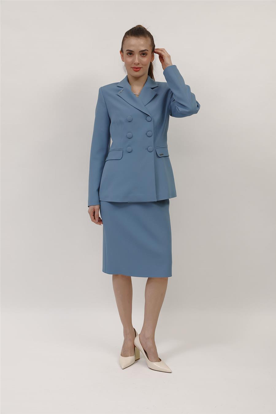 Düğmeli Klasik Blazer Ceket & Kısa Kalem Etek Kadın Takım Elbise-Deniz - 1181540