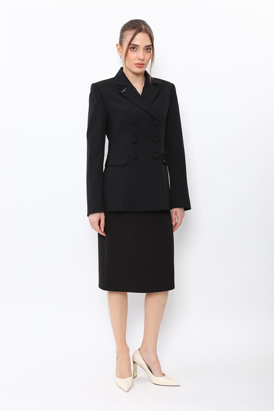 Düğmeli Klasik Blazer Ceket & Kısa Kalem Etek Kadın Takım Elbise-Siyah - 1181540