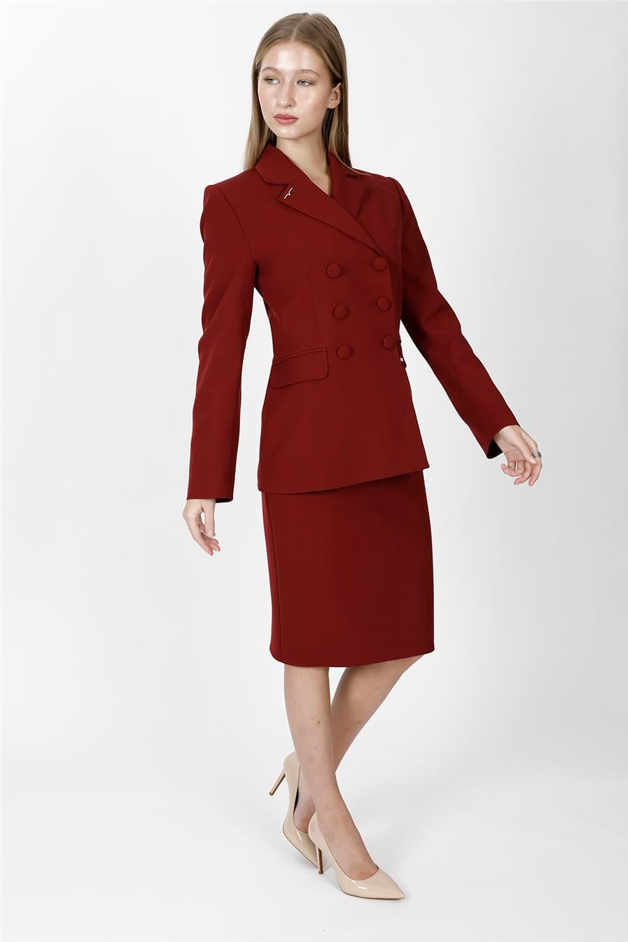 Düğmeli Klasik Blazer Ceket & Kısa Kalem Etek Kadın Takım Elbise-Bordo - 1181540