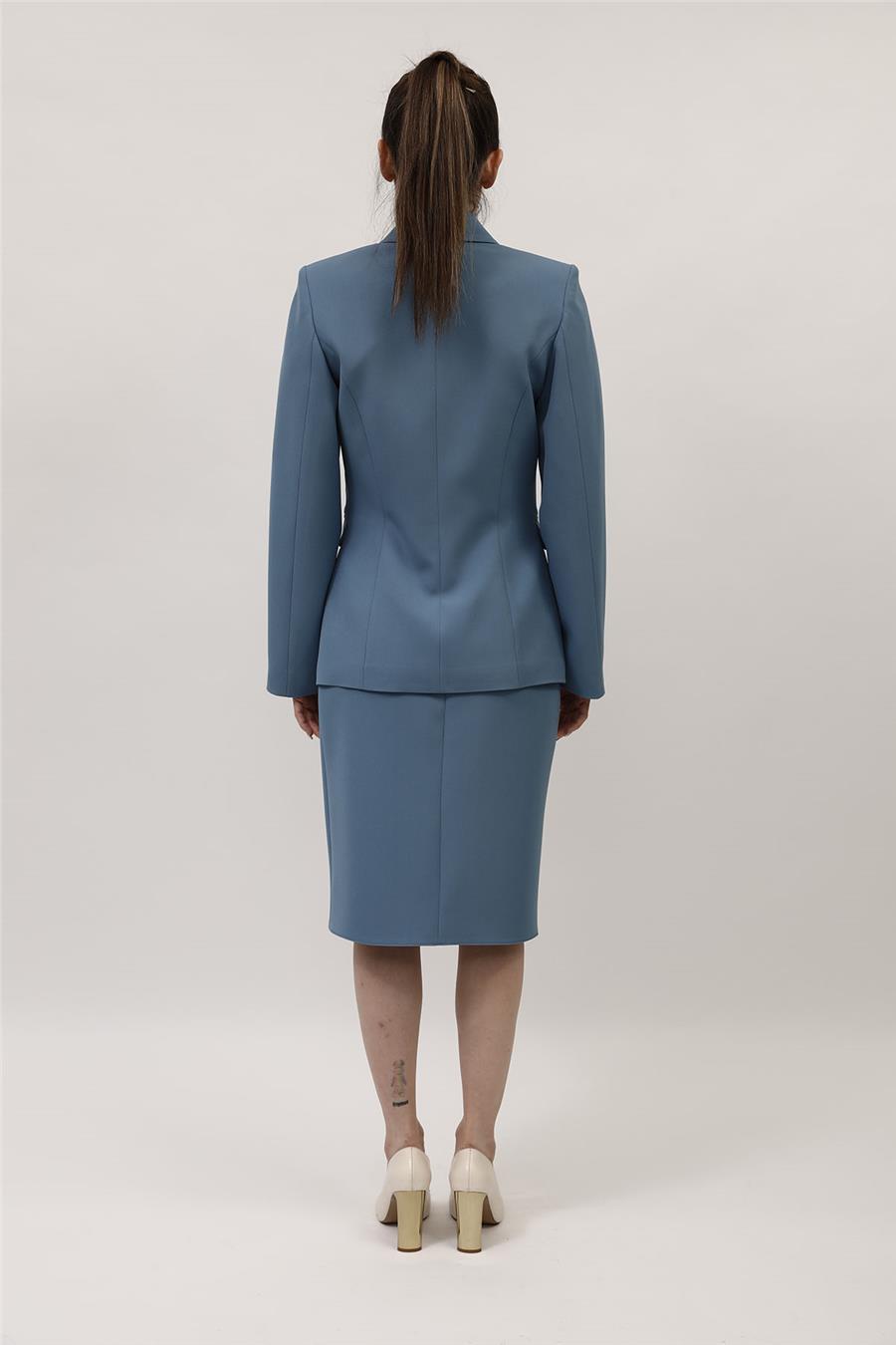 Düğmeli Klasik Blazer Ceket & Kısa Kalem Etek Kadın Takım Elbise-Deniz - 1181540