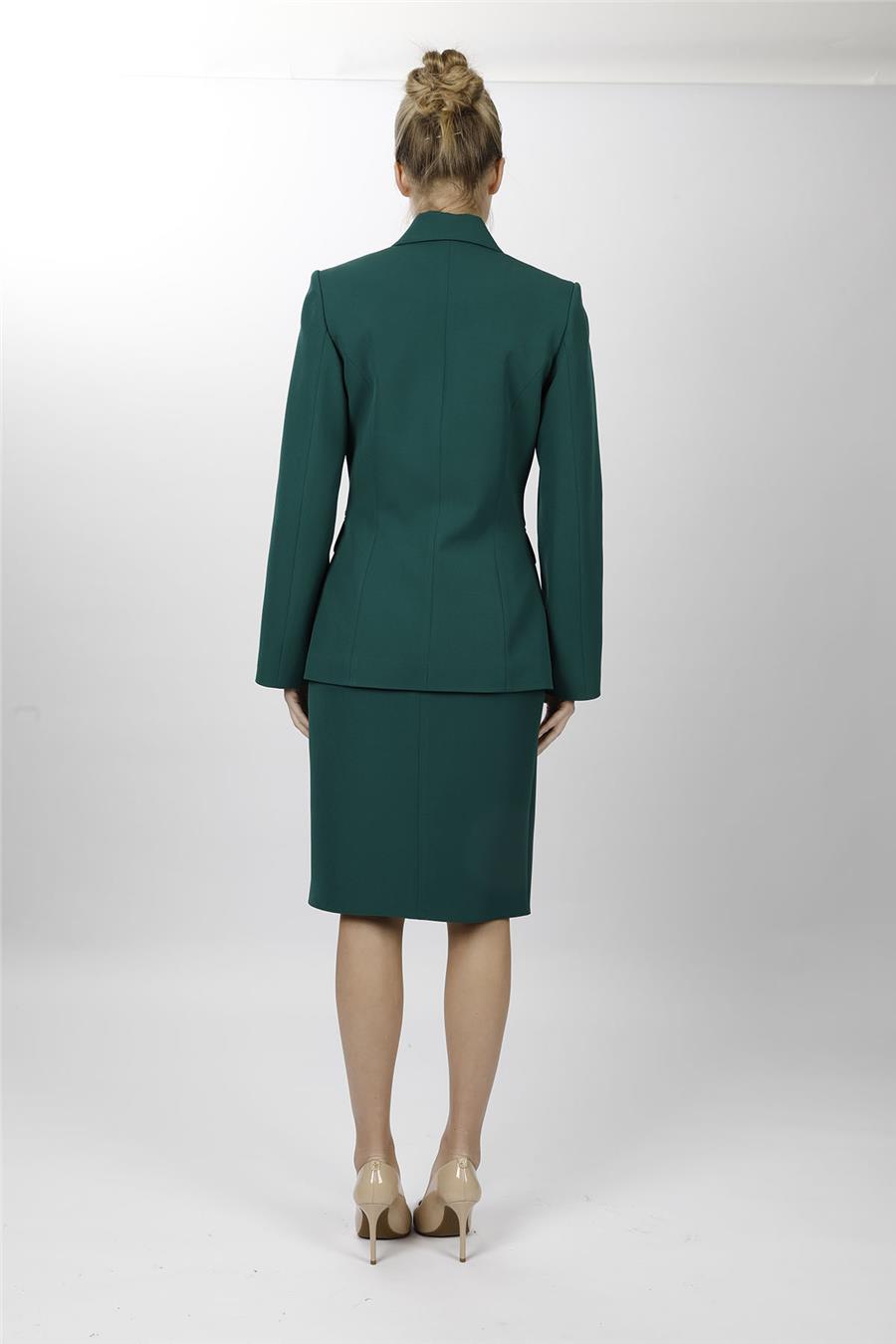 Düğmeli Klasik Blazer Ceket & Kısa Kalem Etek Kadın Takım Elbise-Zümrüt - 1181540