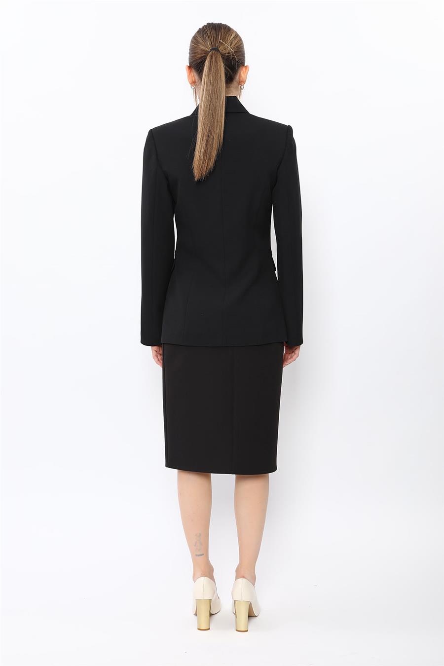 Düğmeli Klasik Blazer Ceket & Kısa Kalem Etek Kadın Takım Elbise-Siyah - 1181540