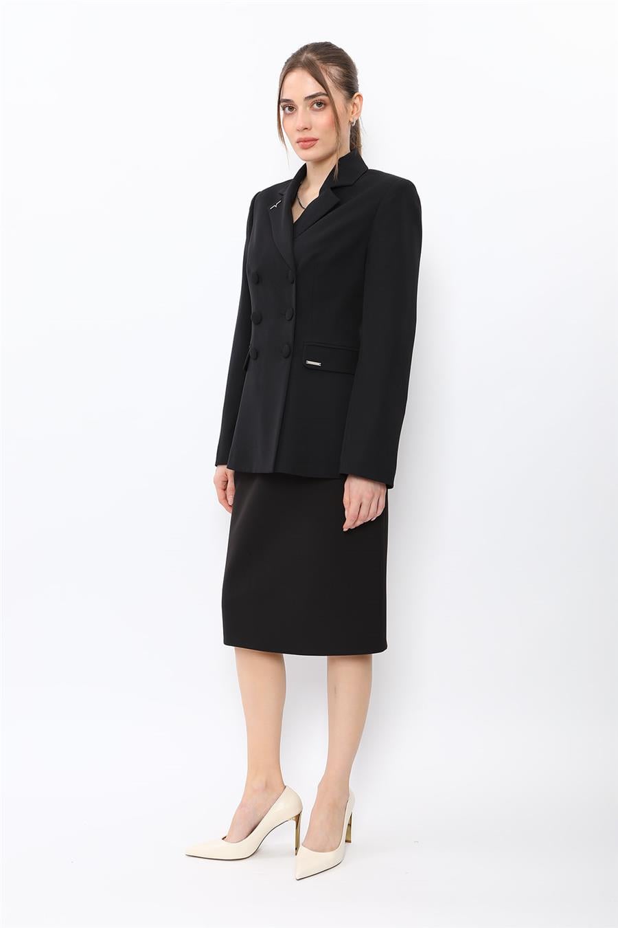 Düğmeli Klasik Blazer Ceket & Kısa Kalem Etek Kadın Takım Elbise-Siyah - 1181540